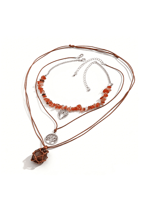 3pc Earthy Boho Layered Necklace - Red Carnelian Chips, Angel Wings, Tree of Life & Red Agate Macrame Pendant, Brown Leather Cord & Silver color Chain, Spiritual Growth Jewelry