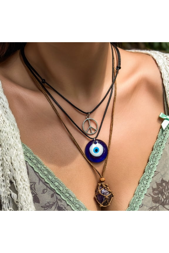 3pc Peace Sign Layered Necklace - Evil Eye & Amethyst Crystal Pendant, Macrame Net Wrapped Stone, Boho Leather Cord & Silver color Chain, Hippie Jewelry for Women
