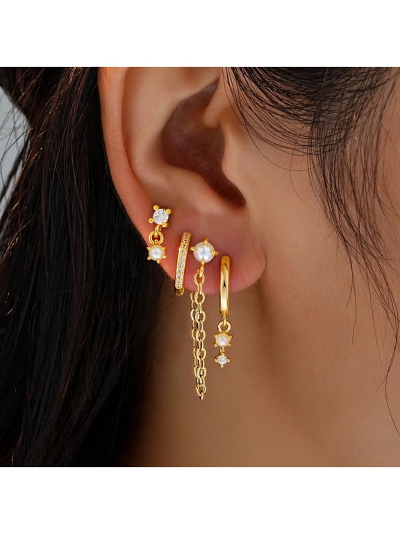 4-Piece 14K Gold Plated Cubic Zirconia & Faux Pearl Earring Set for Women - Copper Earring Stack Set