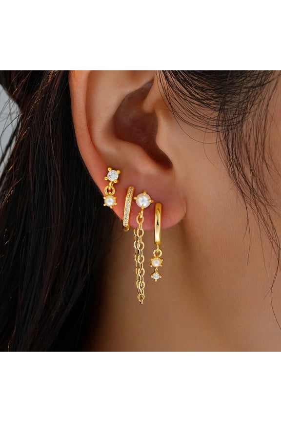 4-Piece 14K Gold Plated Zircon & Pearl Earring Set for Women - Copper Earring Stack Set