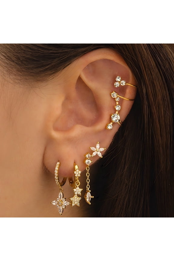 4-Piece 18K Gold Plated Copper Star Hoop Earring Set for Women - Hypoallergenic Stud Dangle Earring Set