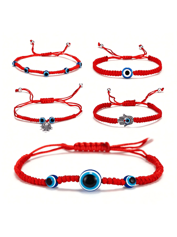 5Pcs Red String Evil Eye Bracelets Set for Women Men - Handmade Woven Red Cord, Blue Evil Eye & Hamsa Hand Charms, Adjustable Protection Bracelets,Lucky Jewelry for Family Friends
