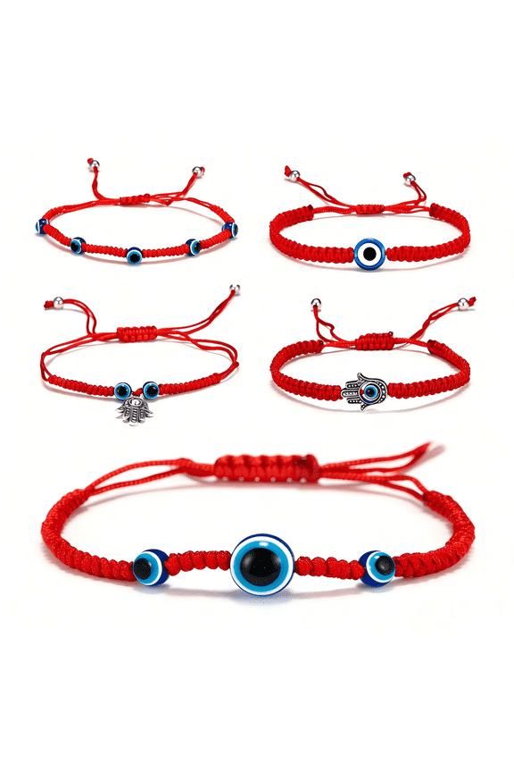 5Pcs Red String Evil Eye Bracelets Set for Women Men - Handmade Woven Red Cord, Blue Evil Eye & Hamsa Hand Charms, Adjustable Protection Bracelets,Lucky Jewelry for Family Friends