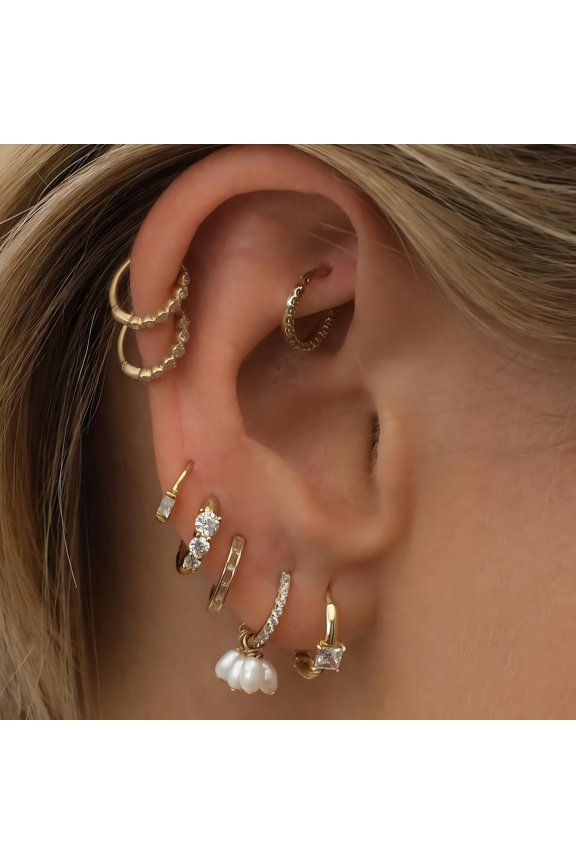 8-Piece Zircon & Pearl Earring Set for Women - 18K Gold Plated Copper with S925 Silver Post Hypoallergenic Earring Stack Set