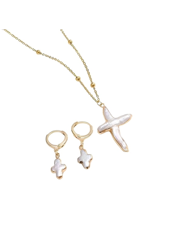 Cross Jewelry Set - Stainless Steel Freshwater Shell Faux Pearl Cross Pendant Necklace & Huggie Earrings, Hypoallergenic Lightweight Daily Wear for Women, Gold Tone