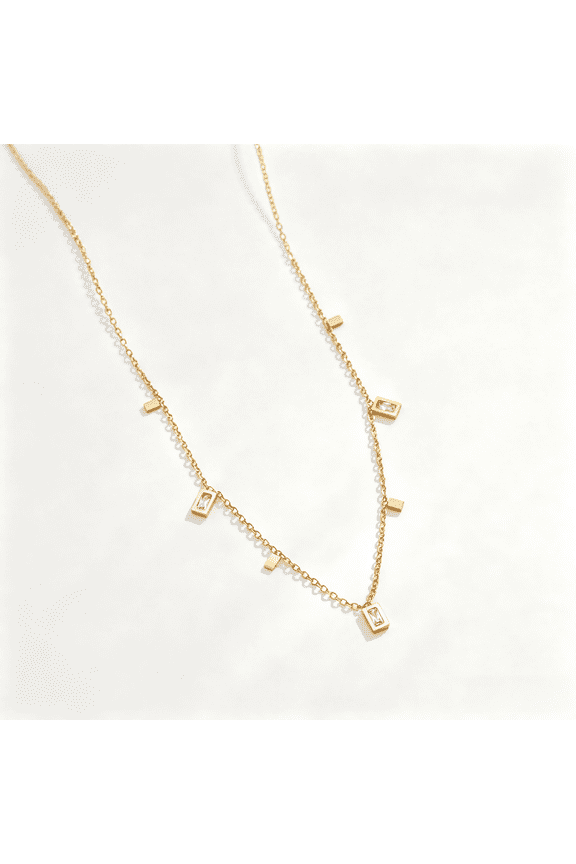 Dainty Baguette CZ Inlaid Rectangle Charm Tassel Necklace for Women - Sturdy Stainless Steel Base with 18K Gold Plated, Hypoallergenic Adjustable Chain Daily Jewelry