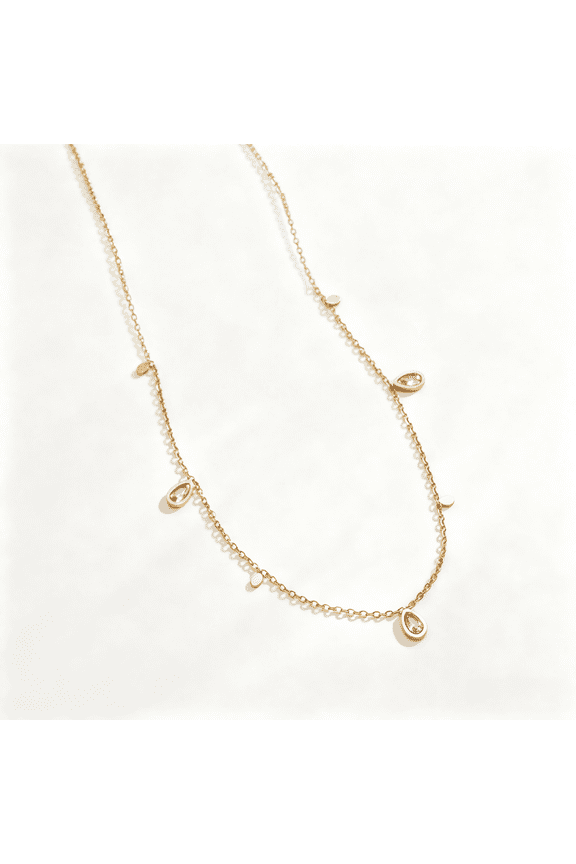 Dainty Teardrop CZ & Tiny Disc Tassel Necklace for Women - Sturdy Stainless Steel Base with 18K Gold Plated, Hypoallergenic Adjustable Chain Daily Jewelry