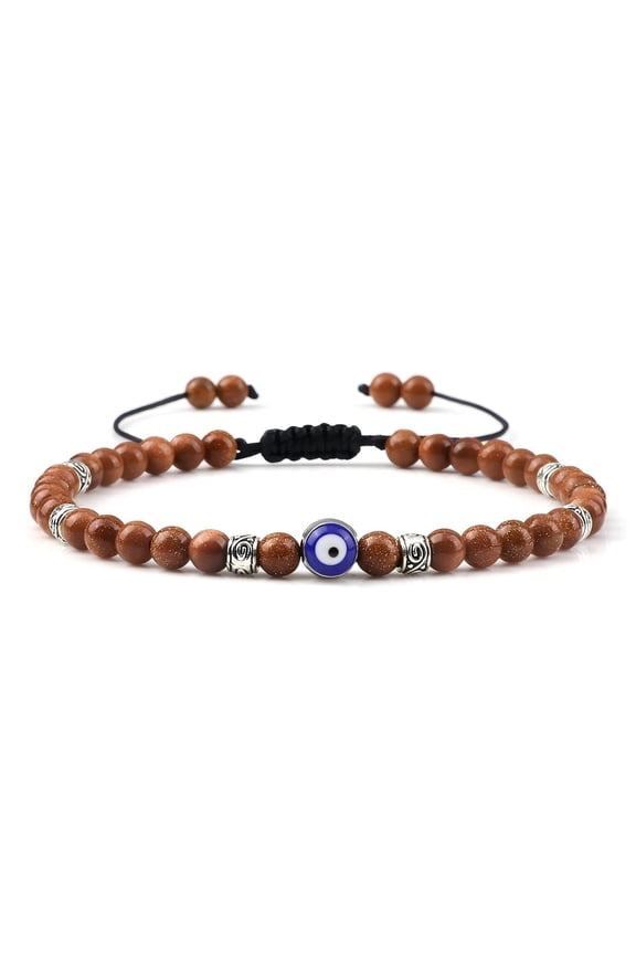 Gold stone Evil Eye Bracelet - Brown Sparkling Sandstone Beads, Blue Evil Eye & Silver Tone Spacers, Handwoven Adjustable Macramé, Spiritual Protection Jewelry