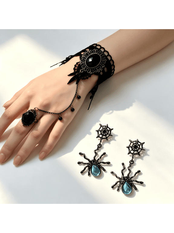 Gothic Halloween Jewelry Set, Lace Bracelet With Attached Ring & Spider Web Dangle Earrings, Adjustable Costume Accessory for Cosplay Party