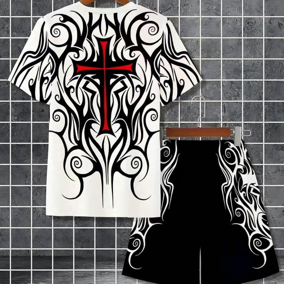 YMCSTONEMA Men's 2 Piece Outfits, Tribal Cross Graphic T Shirt and Shorts Set, Casual Summer Streetwear Tracksuit for Men, Breathable Loungewear for Beach Vacation Daily Wear S