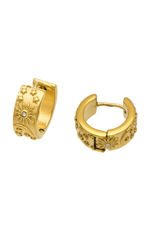 Star Moon Relief Hoop Earrings, 18K Gold Plated Stainless Steel, Vintage Zodiac Design with Crystal, Mystical Romantic Jewelry, Gift for Her Mother‘s Day