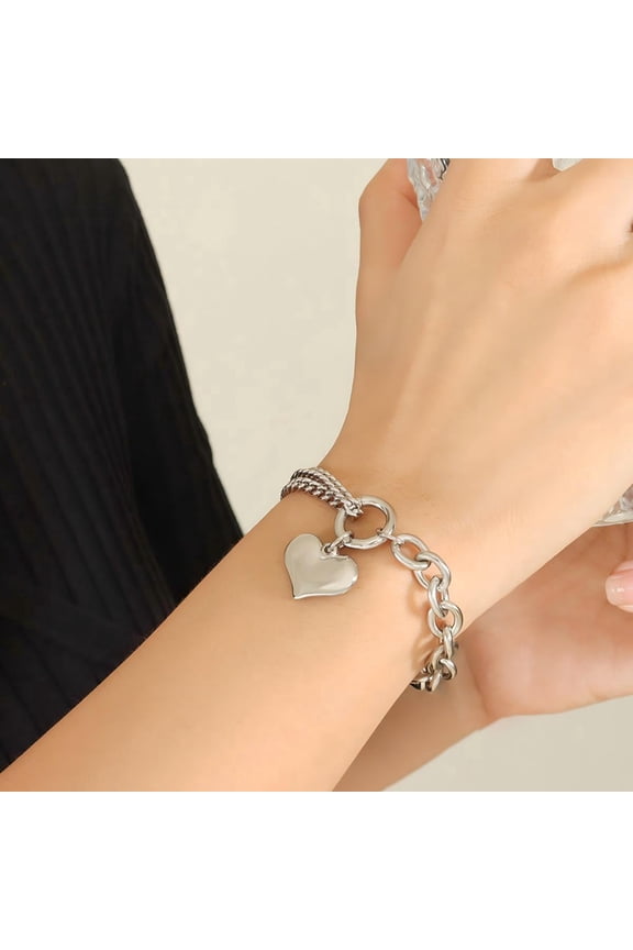 Titanium Steel Double Chain Heart Bracelet, Silver Tone, 5.9"+1.2" Adjustable, Chunky Link Bracelet for Women, Gift Box & Greeting Card Included, Perfect Mother's Day Gift for Mom