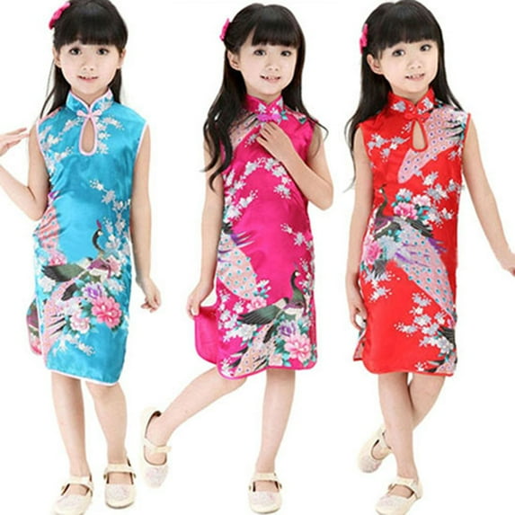 YMH Chinese Cheongsam Floral Peacock Pattern Soft Faux Silk Girl Knee Length Dress for Party