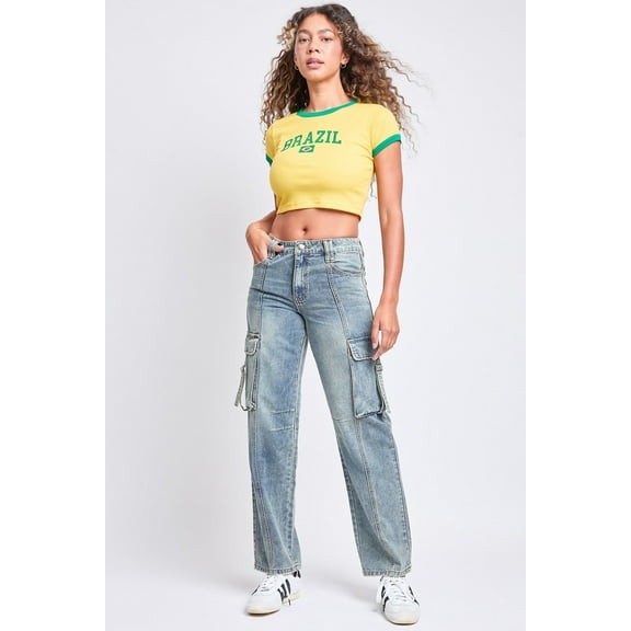 YMI Jeans Women's Adjustable Waist Cargo Straight Leg Jeans