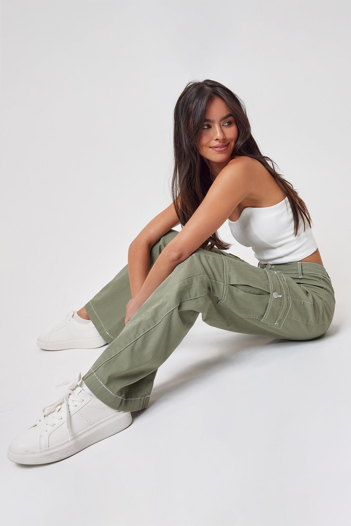ASOS DESIGN clean cargo pants in green with contrast stitching