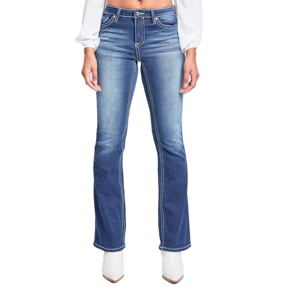 YMI Jeans Women's Mid Rise Heavy Stitch Bootcut Cross Studded Jeans