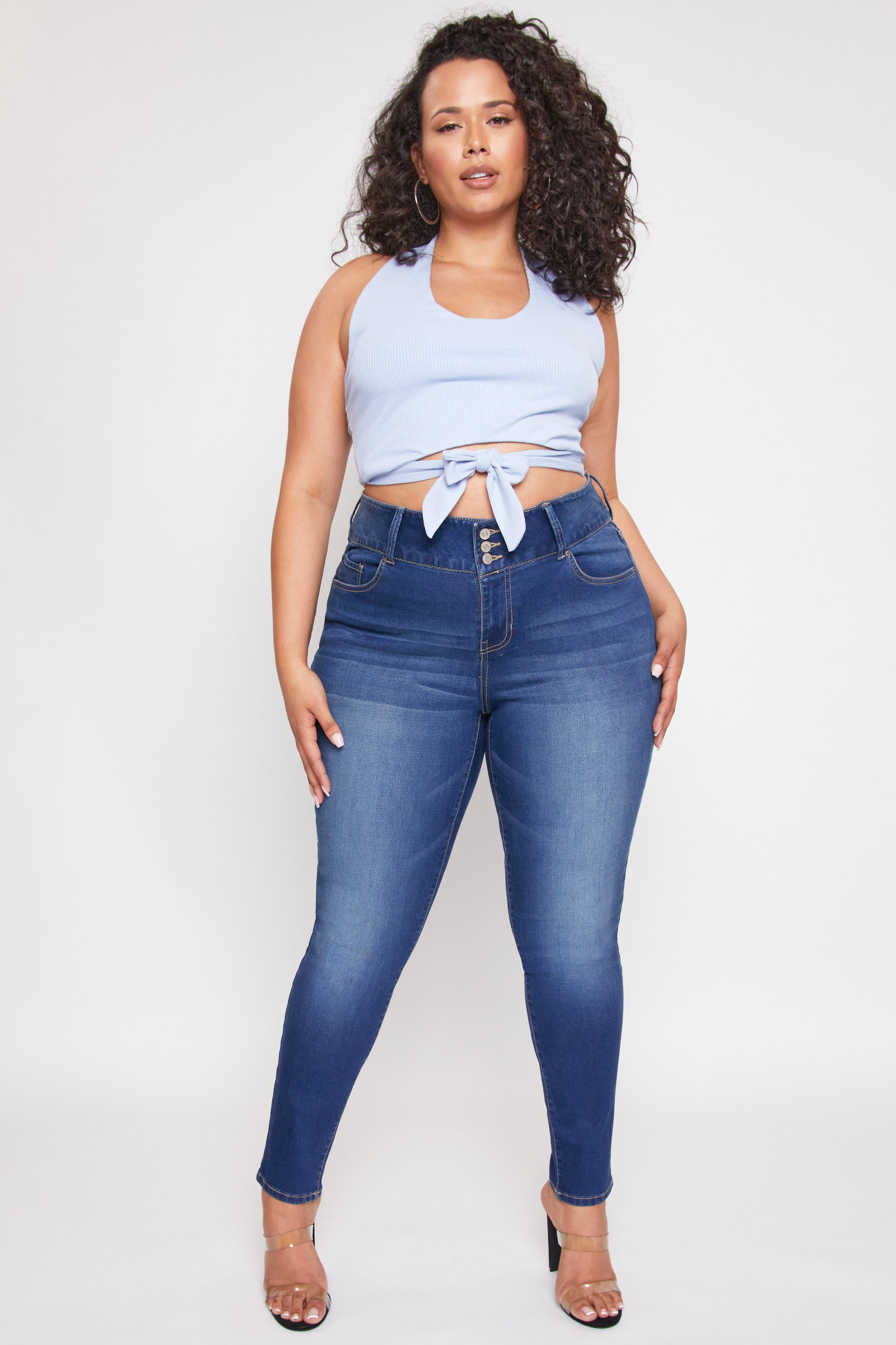 YMI Women's Plus Size High-Waisted 3-Button Closure Skinny Jeans 