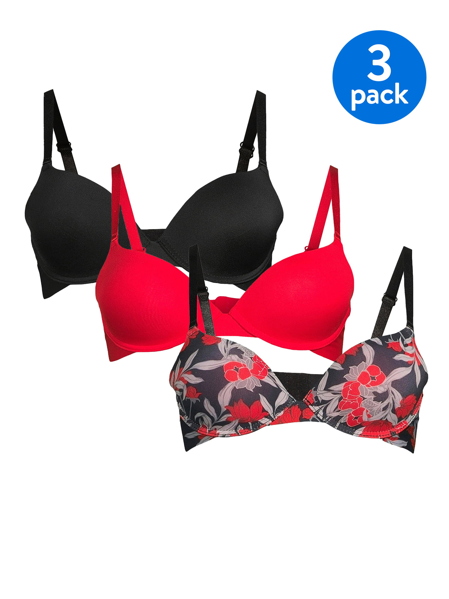 YMI Women's Print and Solid Push-Up Bra Set, 3-Pack 