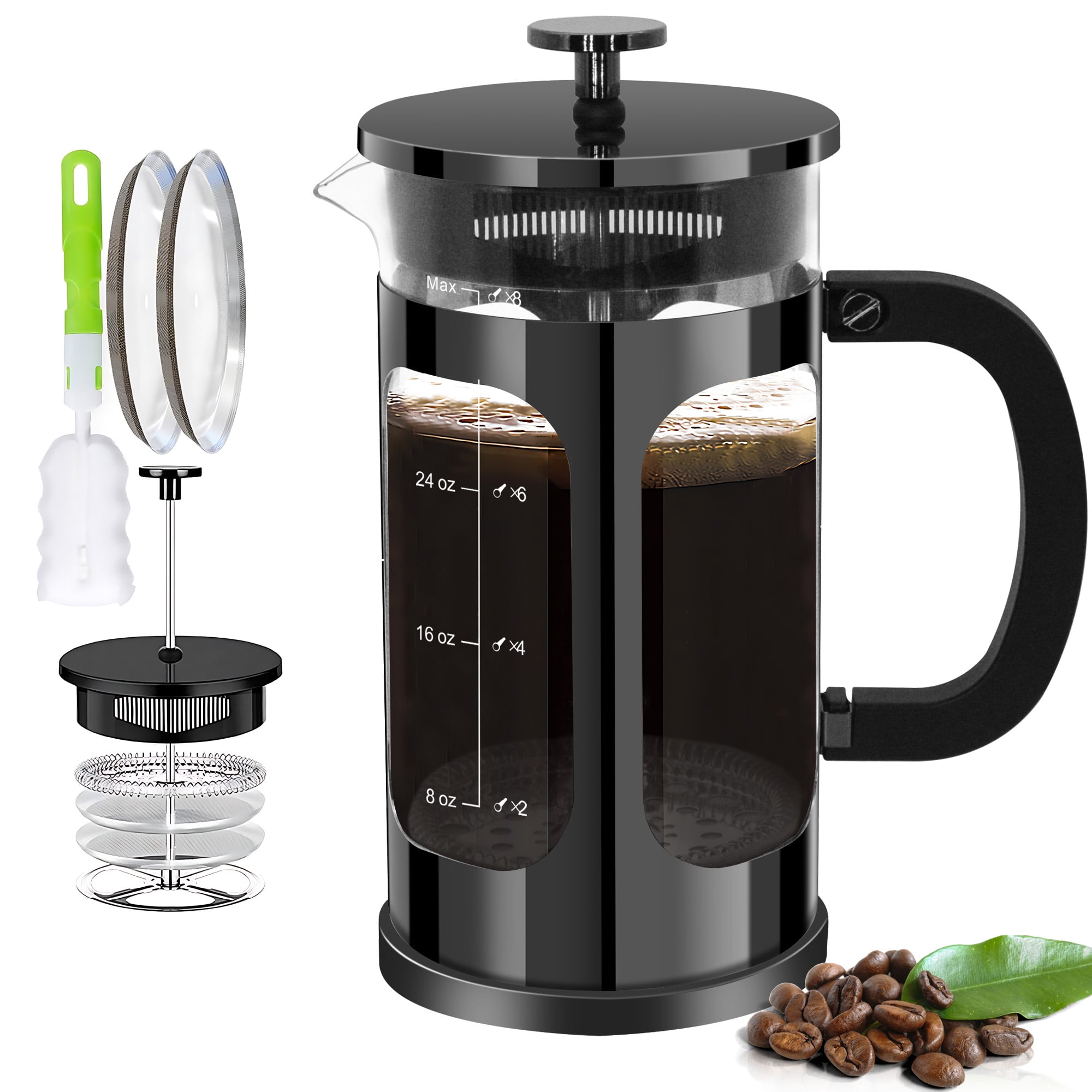 YMMIND French Press Coffee Maker 34oz 1Quart 5 6Cup Coffee Press with 4 Filters System Heat Resistant Thickness Borosilicate Glass Cold Brew Coffee Tea Pot Gifts Bright Black Walmart Business Supplies