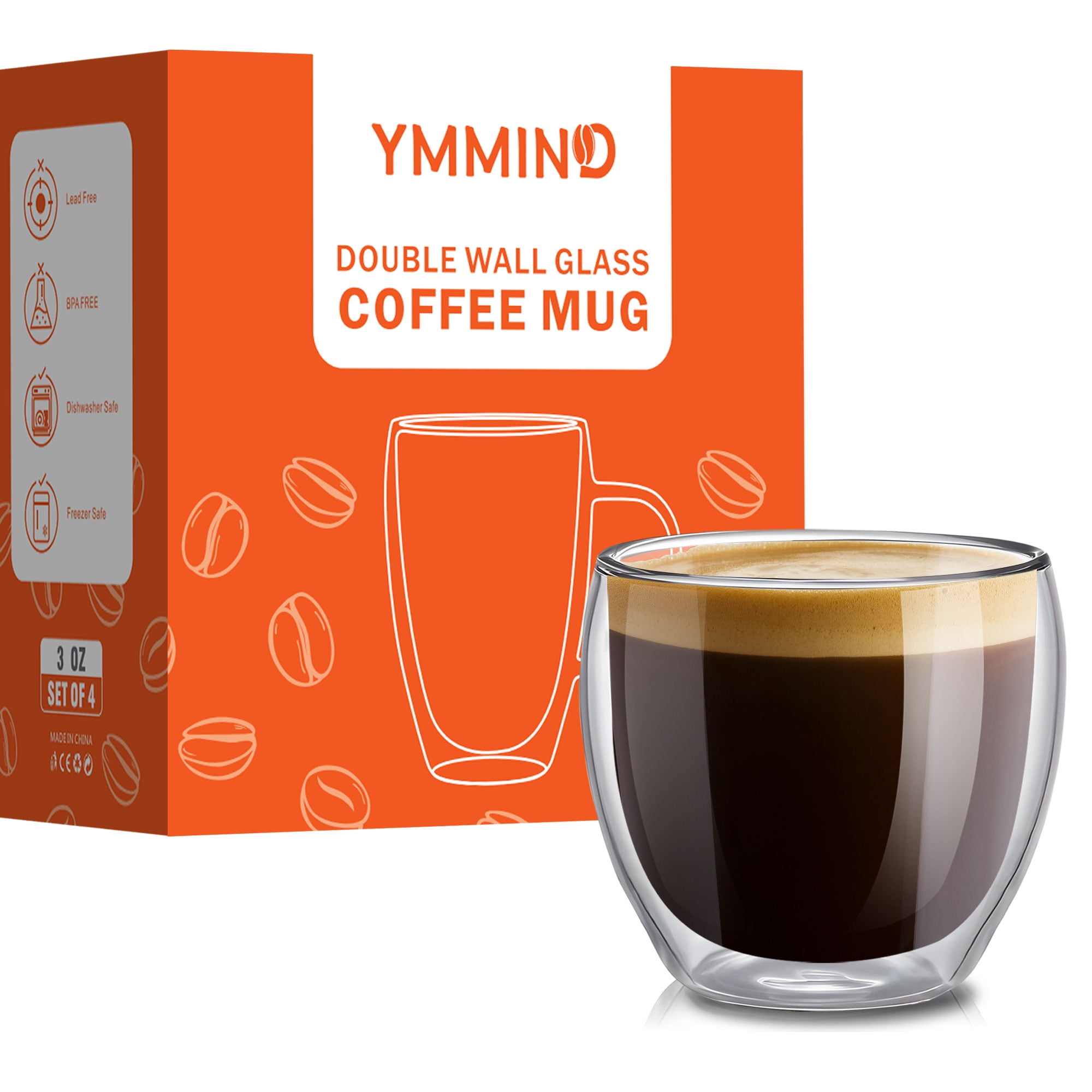 YMMIND Set of 4 Double Walled Glass Coffee Mugs 3 Ounces Insulated Layer Coffee Cups Borosilicate Glass Espresso Cup for Hot Beverage,Cappuccino,Tea,Latte,Wine,Microwave Safe