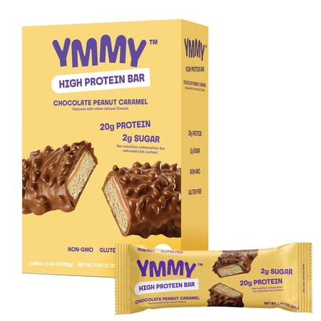 YMMY High Protein Bar, Chocolate Peanut Caramel, 20g Protein, Gluten-Free, 1.94 oz Bar, 4 Pack
