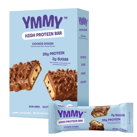 YMMY High Protein Bar, Cookie Dough, 20g Protein, Gluten-Free, 1.94 oz Bar, 4 Pack
