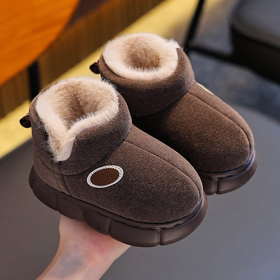 YMNXA Big Boys Girls Boots Solid Color Non Slip Thick Sole Plush Thickened Warm Soft Shoes For Autumn Winter Daily Wear Coffee 3.5-4 Years