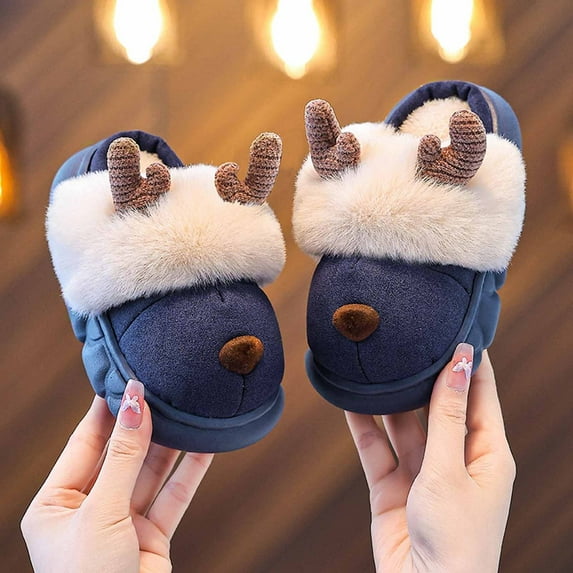 YMNXA Big Boys Girls Fuzzy Slippers Cute Reindeer Design Soft Sole Non Slip Warm Comfortable Shoes For Indoor Wear Blue 2-2.5 Years