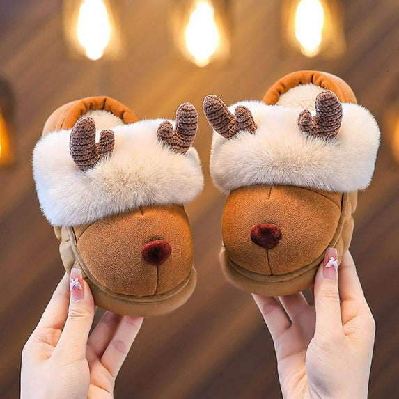 YMNXA Big Boys Girls Fuzzy Slippers Cute Reindeer Design Soft Sole Non Slip Warm Comfortable Shoes For Indoor Wear Coffee 8-9 Years