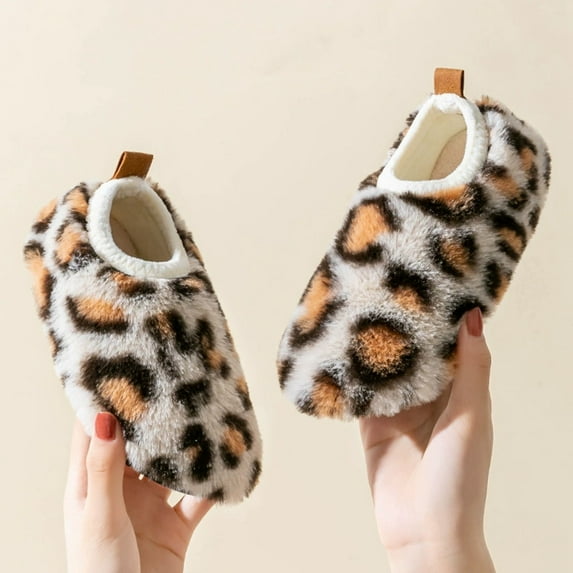 YMNXA Big Boys Girls Slippers Non Slip Soft Sole Leopard Print Plush Warm Fashion Comfortable Shoes For Daily Wear Beige 24