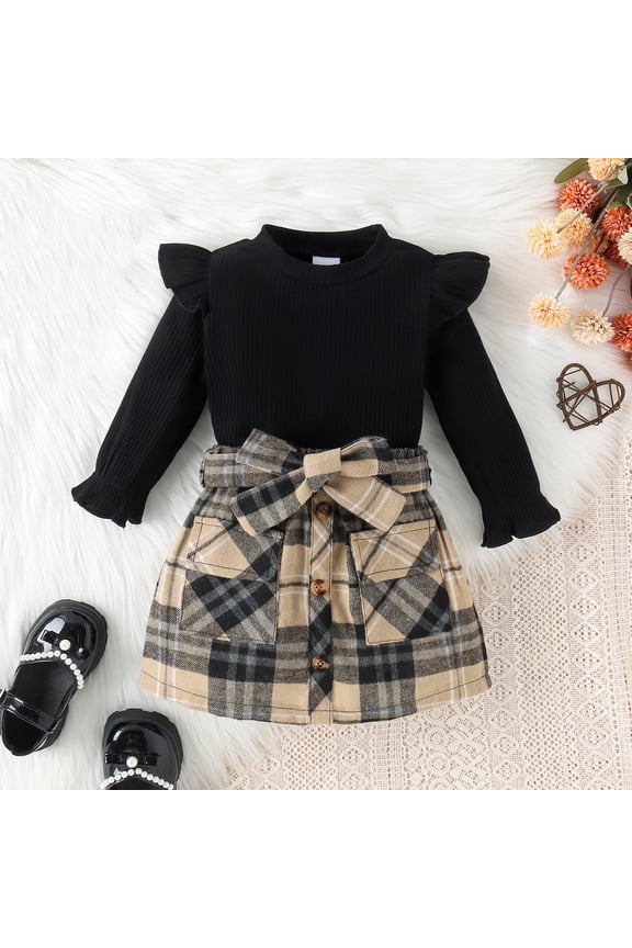 Big Child Girls 2 Piece Outfit Long Sleeve Striped Top And Plaid Skirt Casual Fashion Sets For Daily Wear Black 12-18 Months