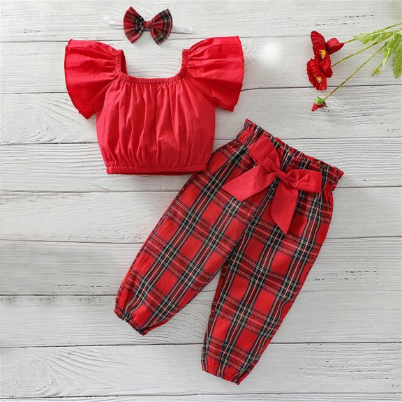 YMNXA Big Child Girls 3 Piece Outfit Plaid Print Bow Design Long Pants And Top Hair Accessories Casual Stylish Sets For Casual Daily Wear Red 2-3 Years