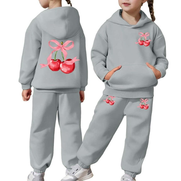 YMNXA Big Child Girls Casual Outfit 2 Piece Long Sleeve Bow Print Pocket Hoodies And Pants Fashion Comfortable Sets For Daily Wear Grey 2-3 Years