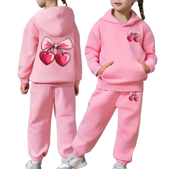 YMNXA Big Child Girls Casual Outfit 2 Piece Long Sleeve Bow Print Pocket Hoodies And Pants Fashion Comfortable Sets For Daily Wear Pink 2-3 Years