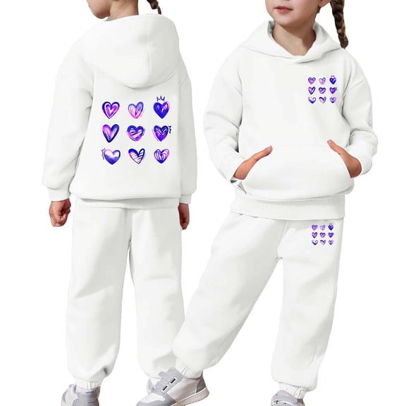 YMNXA Big Child Girls Casual Outfit 2 Piece Long Sleeve Love Heart Print Pocket Hoodies And Pants Fashion Comfortable Sets For Daily Wear White 2-3 Years