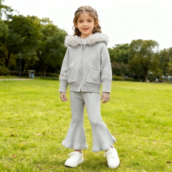 YMNXA Big Child Girls Knit Sweater Outfit Long Sleeve Pocket Zipper Hooded Cardigan And Flare Pants Relaxed Fit Casual Sets For Daily Wear Grey 90