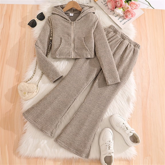 YMNXA Big Child Girls Outfit Long Sleeve Ribbed Knit Zipper Hooded Coat And Flare Pants Fashion Casual Two Piece Outfits For Daily Wear Grey 7-8 Years