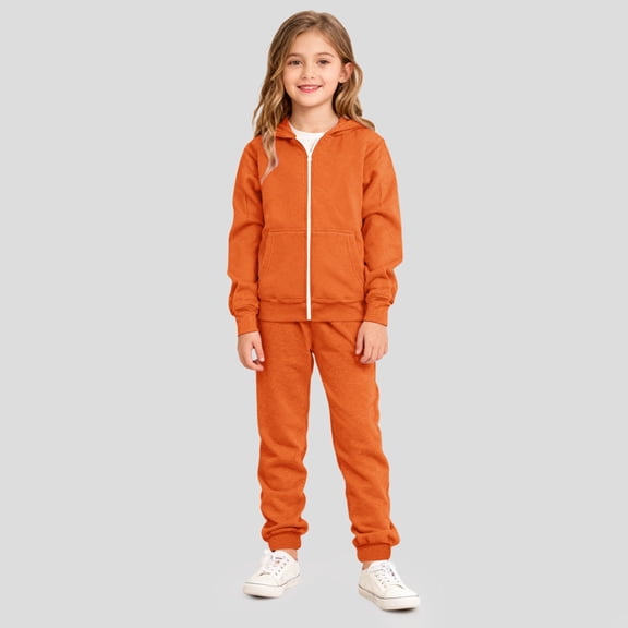 YMNXA Big Child Girls Outfit Long Sleeve Zip Up Solid Color Hoodie And Jogger Casual Soft Two Piece Sets For Daily Wear Orange 9-10 Years
