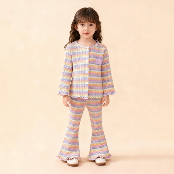 YMNXA Big Child Girls Outfit Ribbed Long Sleeve Cardigan And Flare Pants Soft Knit Cozy Two Piece Fashion Sets For Daily Wear Light Yellow 6-12 Month