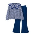 thumbnail image 1 of YMNXA Big Child Girls Outfits 2 Piece Long Sleeve Lapel Stripe Print Shirt And Flared Pants Casual Stylish Sets For Daily Wear Blue 7-8 Years, 1 of 2