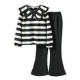 thumbnail image 1 of YMNXA Big Child Girls Outfits 2 Piece Long Sleeve Lapel Stripe Print Shirt And Flared Pants Casual Stylish Sets For Daily Wear White 9-10 Years, 1 of 2