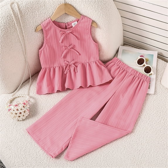 YMNXA Big Child Girls Outfits Bow Knot Sleeveless Vest And Flowy Wide Leg Pants Two Piece Casual Comfortable Sets For Daily Wear Pink 5-6 Years