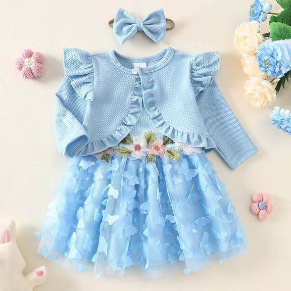 YMNXA Big Child Girls Outfits Floral Design Mesh Dress Detachable Bow Headband And Matching Jacket Comfy Casual Sets For Daily Wear Blue 18-24 Months