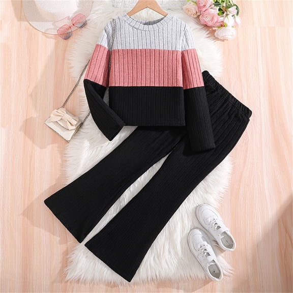 YMNXA Big Child Girls Two Piece Outfit Long Sleeve Color Block Ribbed Top And Flared Pants Fashion Comfort Knit Sets For Daily Wear Black 9-10 Years