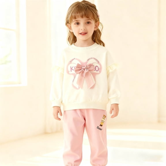 YMNXA Big Child Girls Two Piece Outfits Long Sleeve Bow Print And Pants Soft Casual Stylish Sets For Daily Wear Pink 2-3 Years