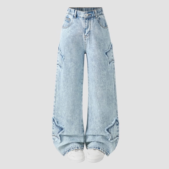 YMNXA Big Girls Boys Casual Denim Pants High Waist Star Appliques Wide Leg Loose Fashion Jeans For Daily Wear Blue 8-9 Years
