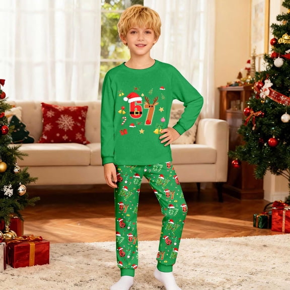 YMNXA Big Girls Boys Christmas Pajama Outfits Long Sleeve 6 7 Print Top And Pant Comfortable Soft Sets For Daily Wear Green 9-10 Years