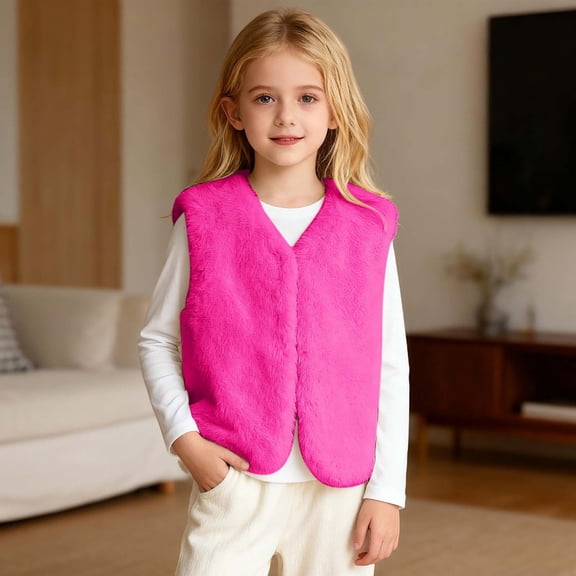 YMNXA Big Girls Boys Fuzzy Vest Sleeveless V Neck Solid Color Thickened Warm Coat For Daily Wear Hot Pink 18-24 Months