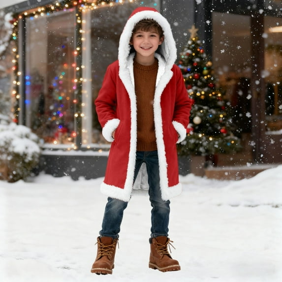 YMNXA Big Girls Boys Hooded Coat With Pocket Long Sleeve Solid Color Plush Warm Comfortable Jacket For Daily Wear Red 12-13 Years