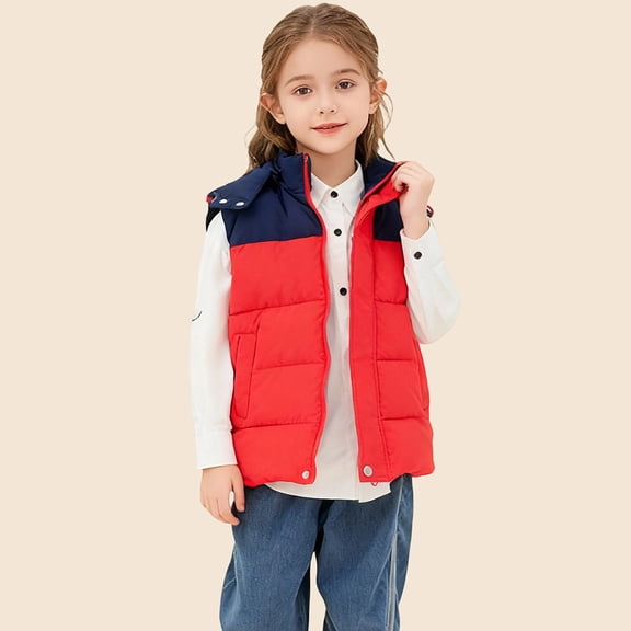 YMNXA Big Girls Boys Hooded Vest Sleeveless Color Block Zipper Plush Thickened Warm Coat For Daily Wear Red 5-6 Years